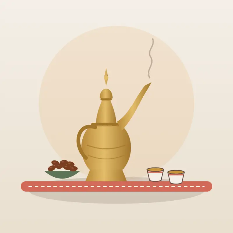 Illustration of an Arabic coffee pot, cups and dates