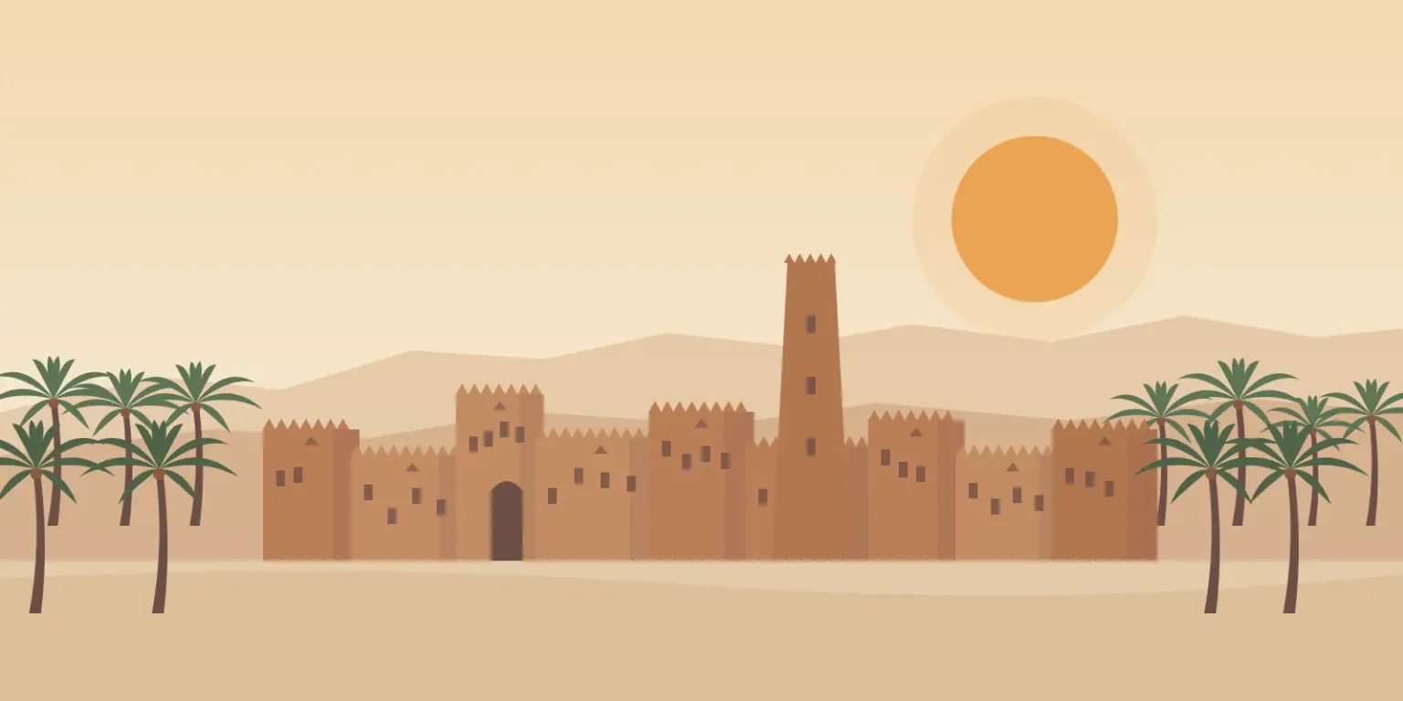 Illustration of a Najdi mud-brick town with a watchtower among palm trees